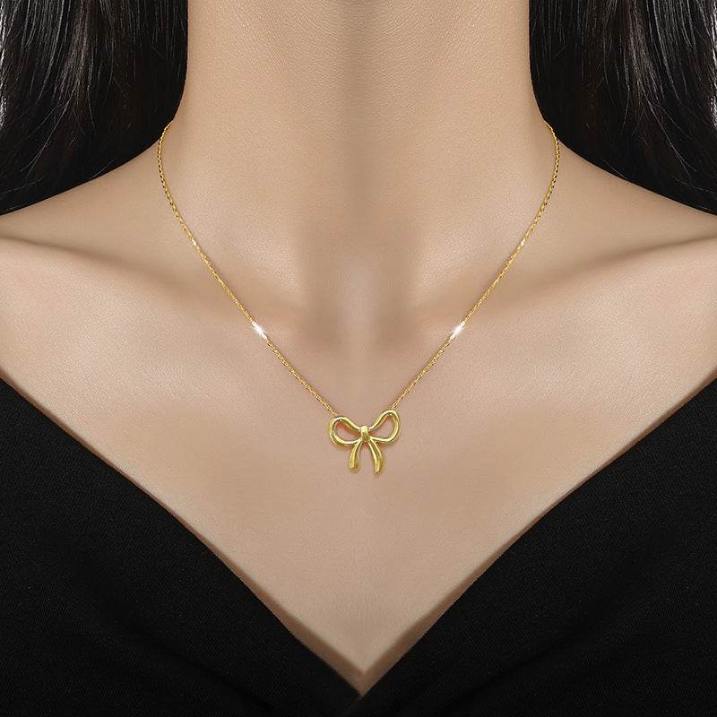 Whole Titanium Steel Mori Style Bowknot Minimalist Style Real Gold Clavicle Necklace For Women - Velora