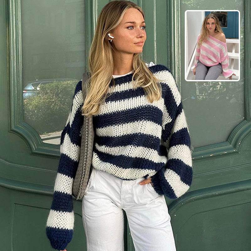 Loose Striped Pullover Sweater Fashion Versatile Long-sleeved Knitted Tops For Women Clothing - Velora