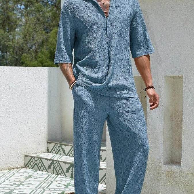 Commuter Suits Summer Short-sleeved Top And Loose Straight Trousers Casual Outfits Outdoor Mens Clothing - Velora