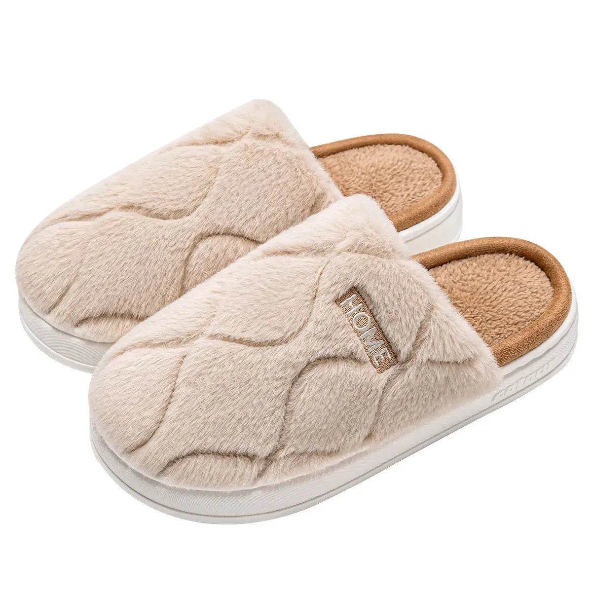 Plush Slippers Winter For Women Indoor Floor Bedroom Home Slipper Warm Solid House Shoes Men Couple - Velora