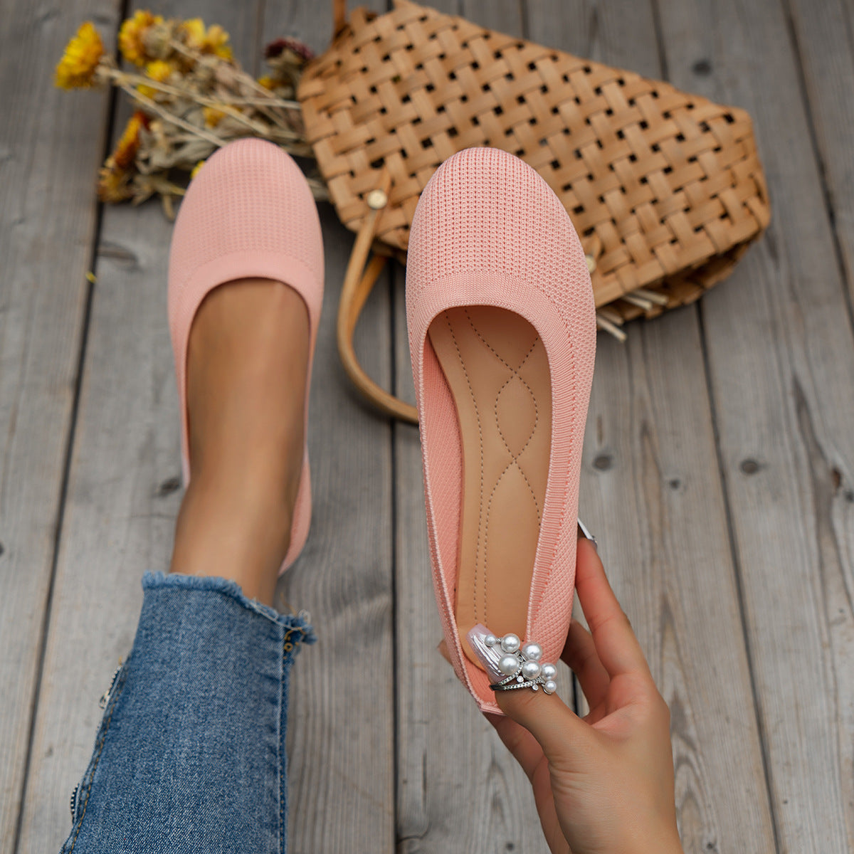 Round Toe Flats Shoes Casual Comfortable Soft Slip On Knit Mesh Shoes For Women - Velora