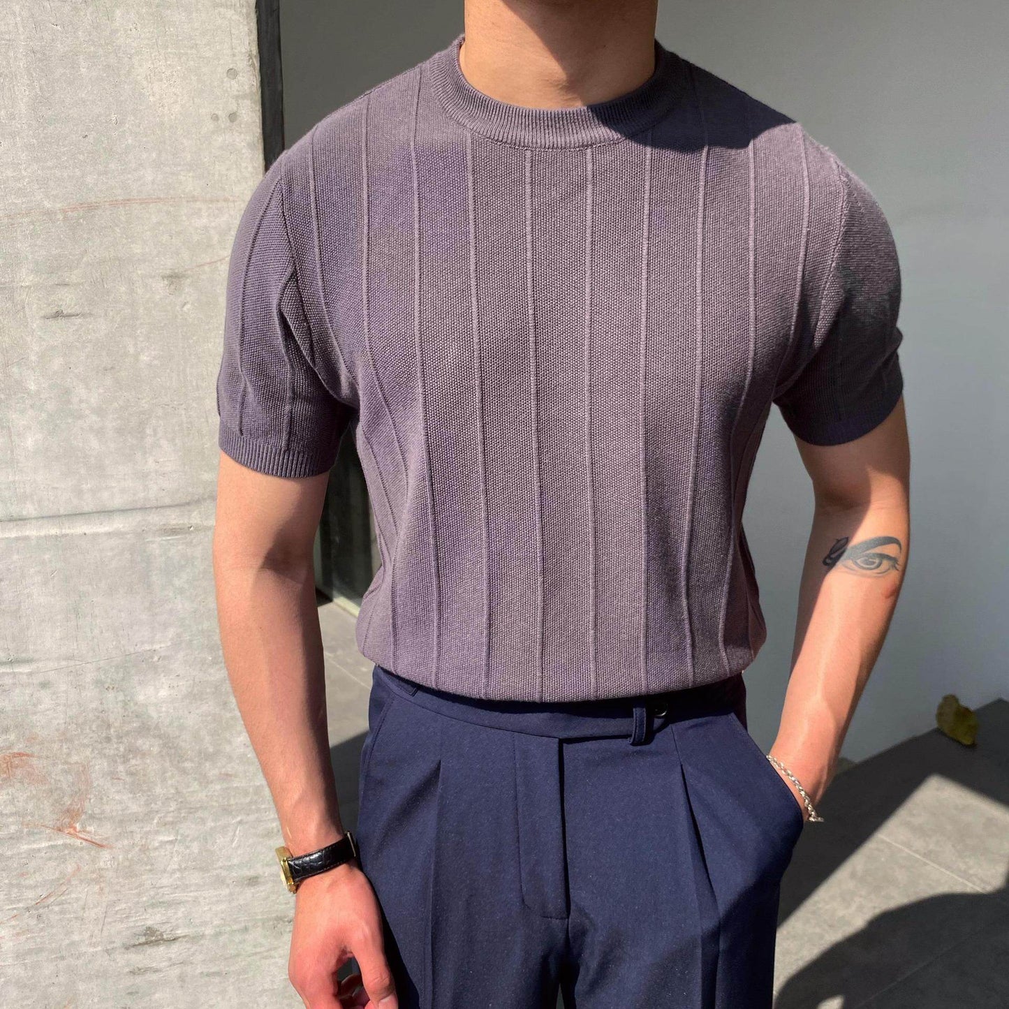 Short Sleeve Knitted T-shirt Summer Men's Light Round Neck Thin Tops - Velora