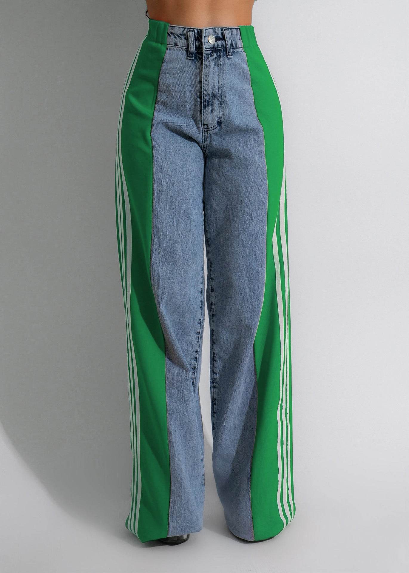 2024 Fashion Casual High Waist Elastic Straight Leg Trousers Three Stripe Patchwork Denim Wide Leg Pants Streetwear - Velora