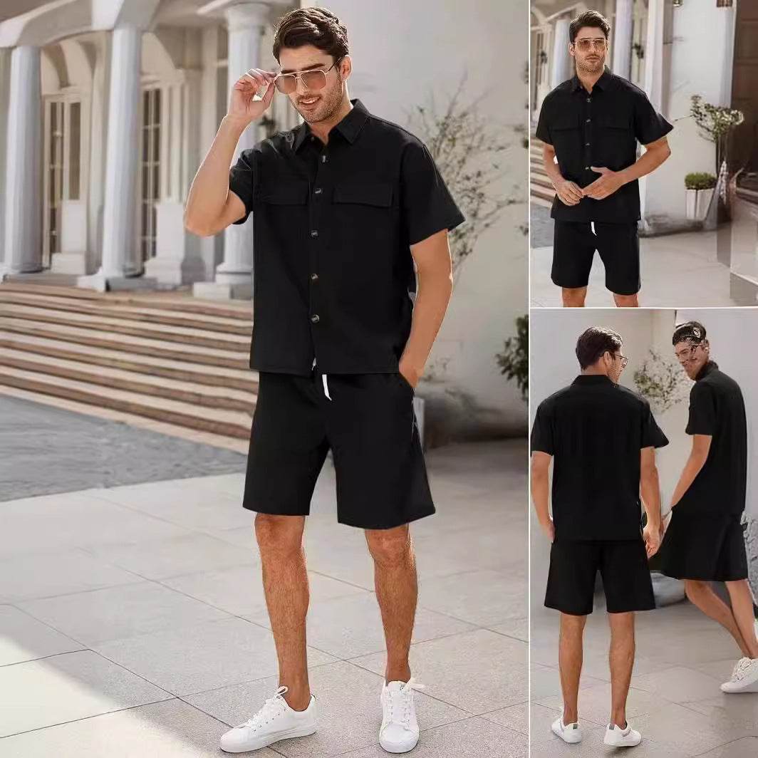 Summer Suits Men Short Sleeve Lapel Pockets Shirt And Drawstring Shorts Sports Fashion Leisure Men's Clothing - Velora
