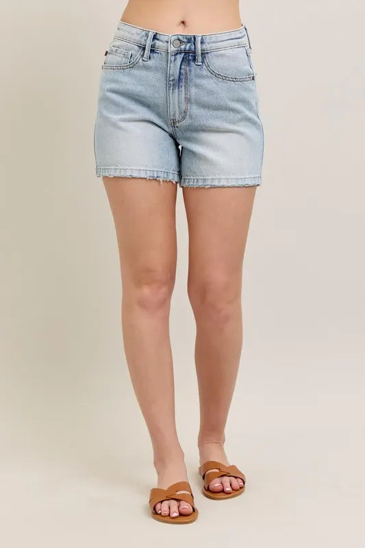 Judy Blue Full Size Frayed Hem High Rise Denim Shorts with Pockets Plus Size - Velora