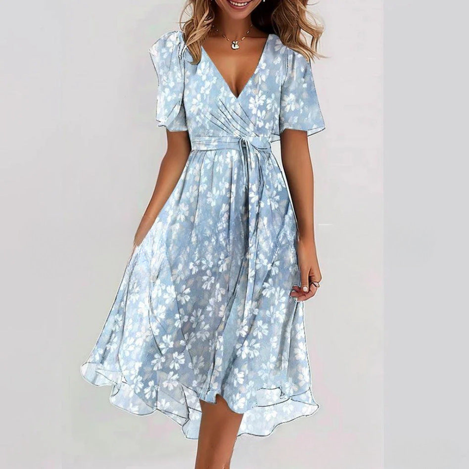 Flowers Printed V-neck Dress Summer A-line Short-sleeved Dresses For Women Velora