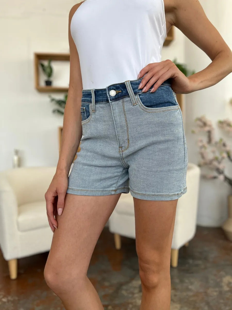 Judy Blue Full Size Color Block Denim Shorts - Velora