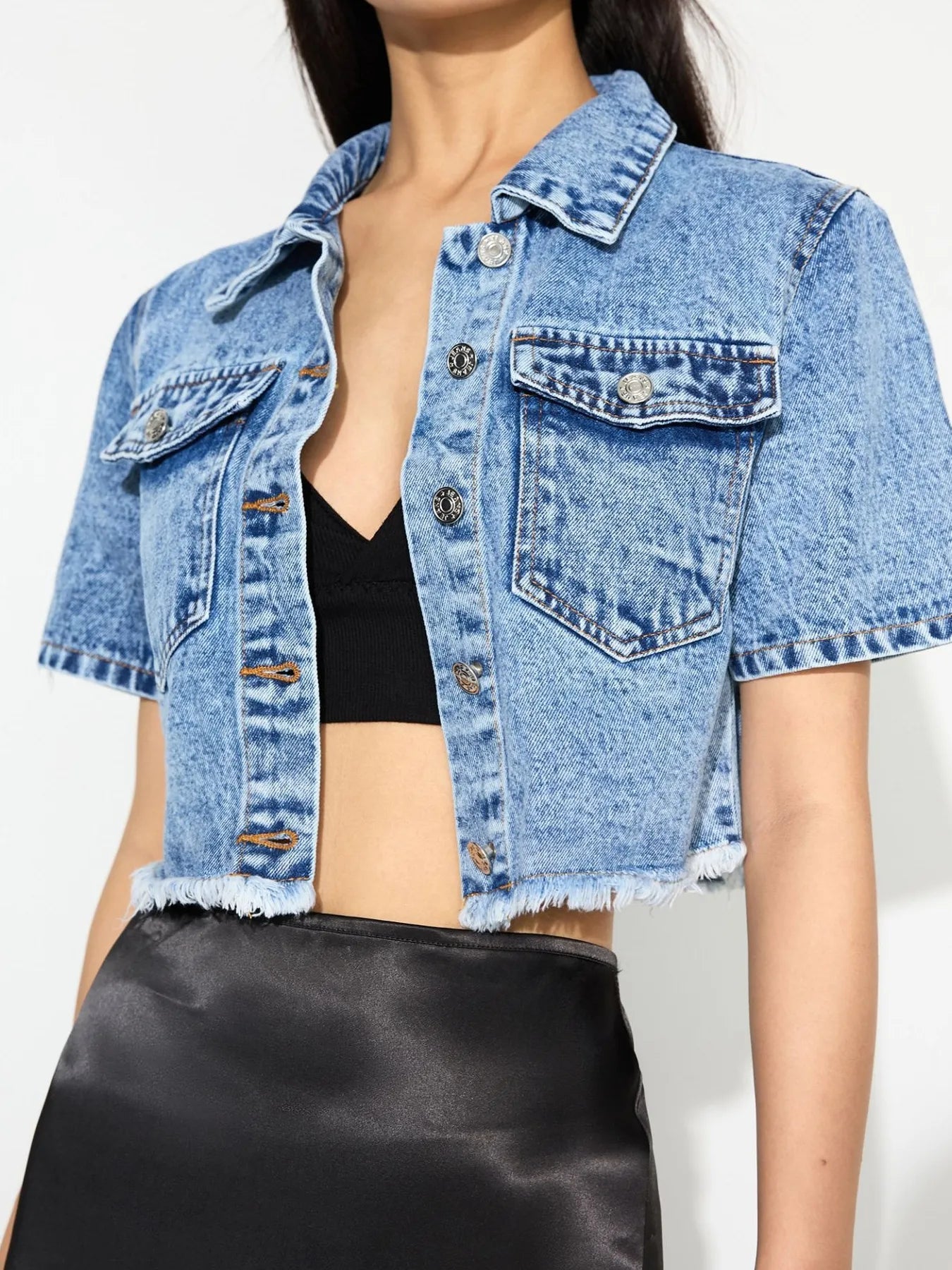 Cropped Short Sleeve Denim Jacket with Frayed Hem - Velora