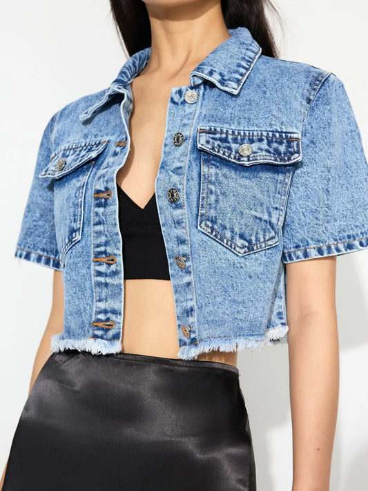 Cropped Short Sleeve Denim Jacket with Frayed Hem - Velora