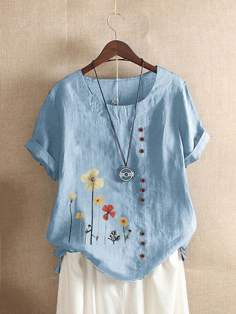 Casual Summer Beach Cotton And Linen Printed Elegant Short Sleeve blouse Top Women - Velora