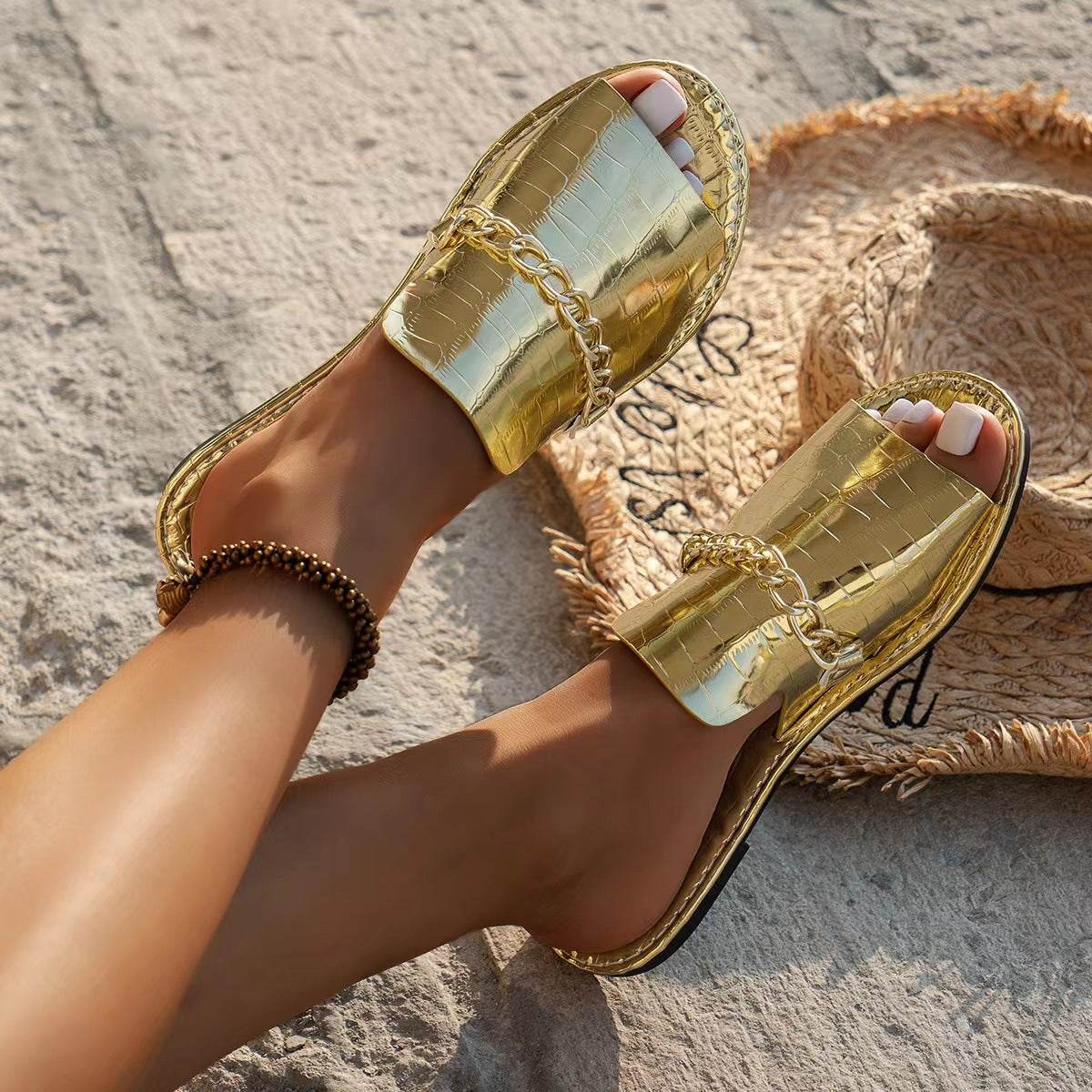Pattern Chains Sandals Summer Fish Mouth Flat Slides Shoes Women Casual Vacation Beach Slippers - Velora
