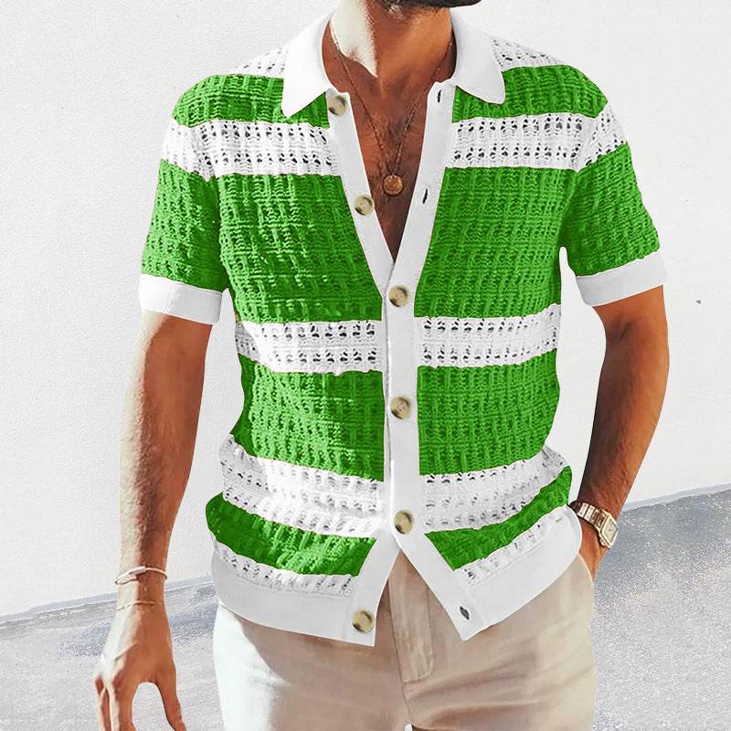 Summer Luxury Fashion New Knitted Shirt Men's Polo Neck Short Sleeve Colored Hollow Breathable Cardigan Men's Top Coat - Velora
