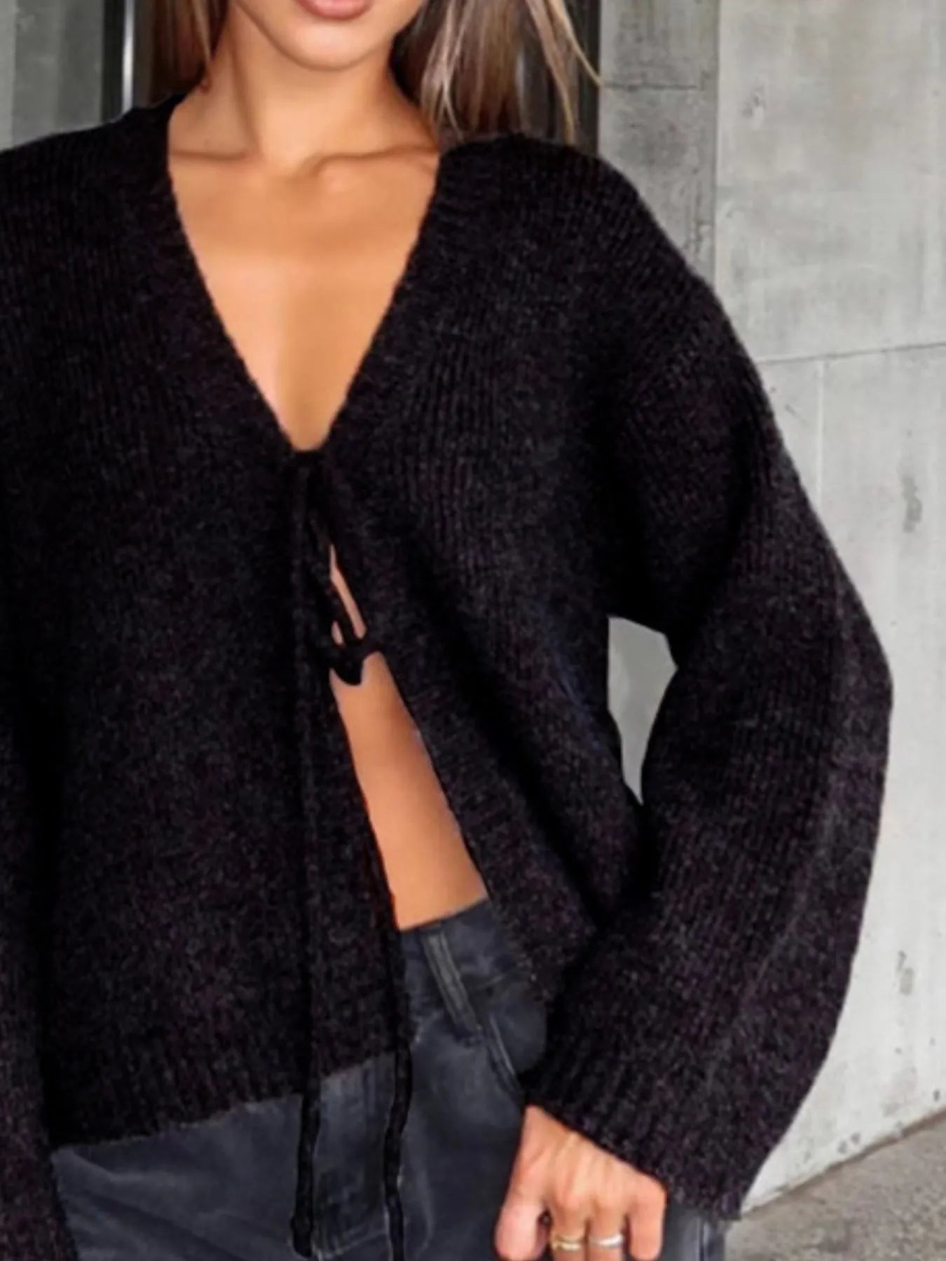 Open Front Tied Sweater Cardigan - Velora