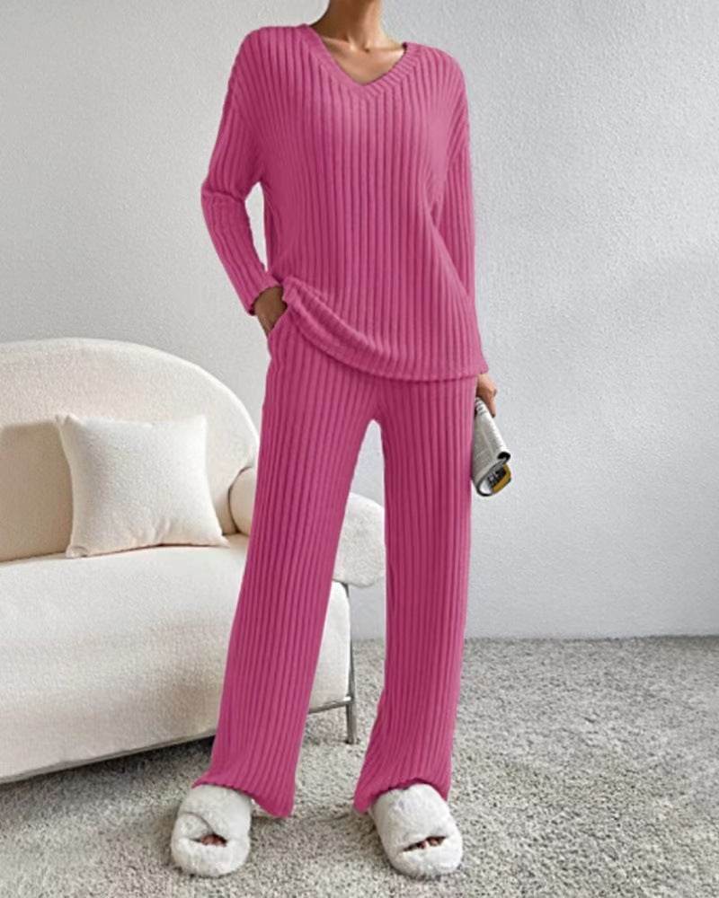 Fashion Solid Striped Suit V-neck Long-sleeved Top And Casual Straight Pants Loose Temperament Women's Clothing - Velora
