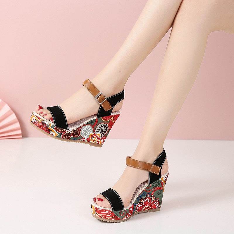 Fashion Flowers Embroidered High Wedge Sandals For Women Summer Toe Platform Buckle Shoes - Velora