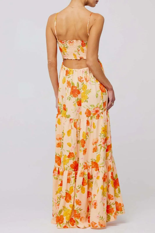 Floral Print Tie Front Tiered Maxi Dress - Velora