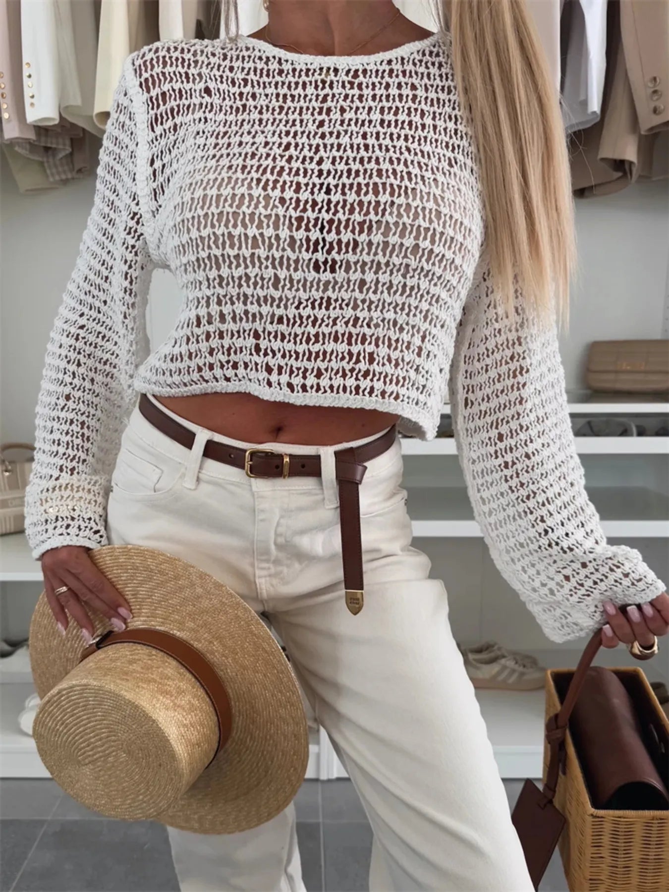 Openwork Round Neck Knit Cover Up - Velora