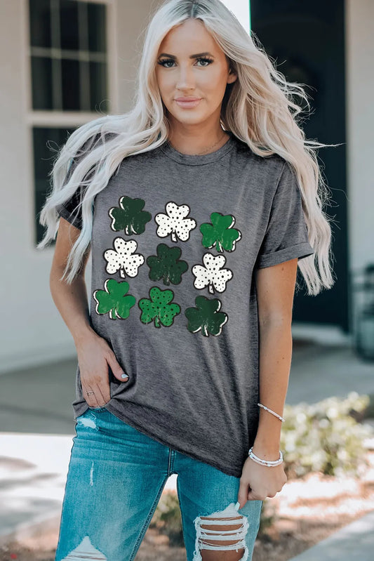 Lucky Clover Round Neck Short Sleeve T-Shirt - Velora