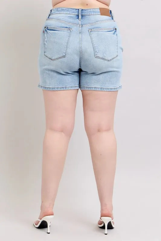 Judy Blue Full Size Mid Rise Washed Denim Shorts Plus Size - Velora