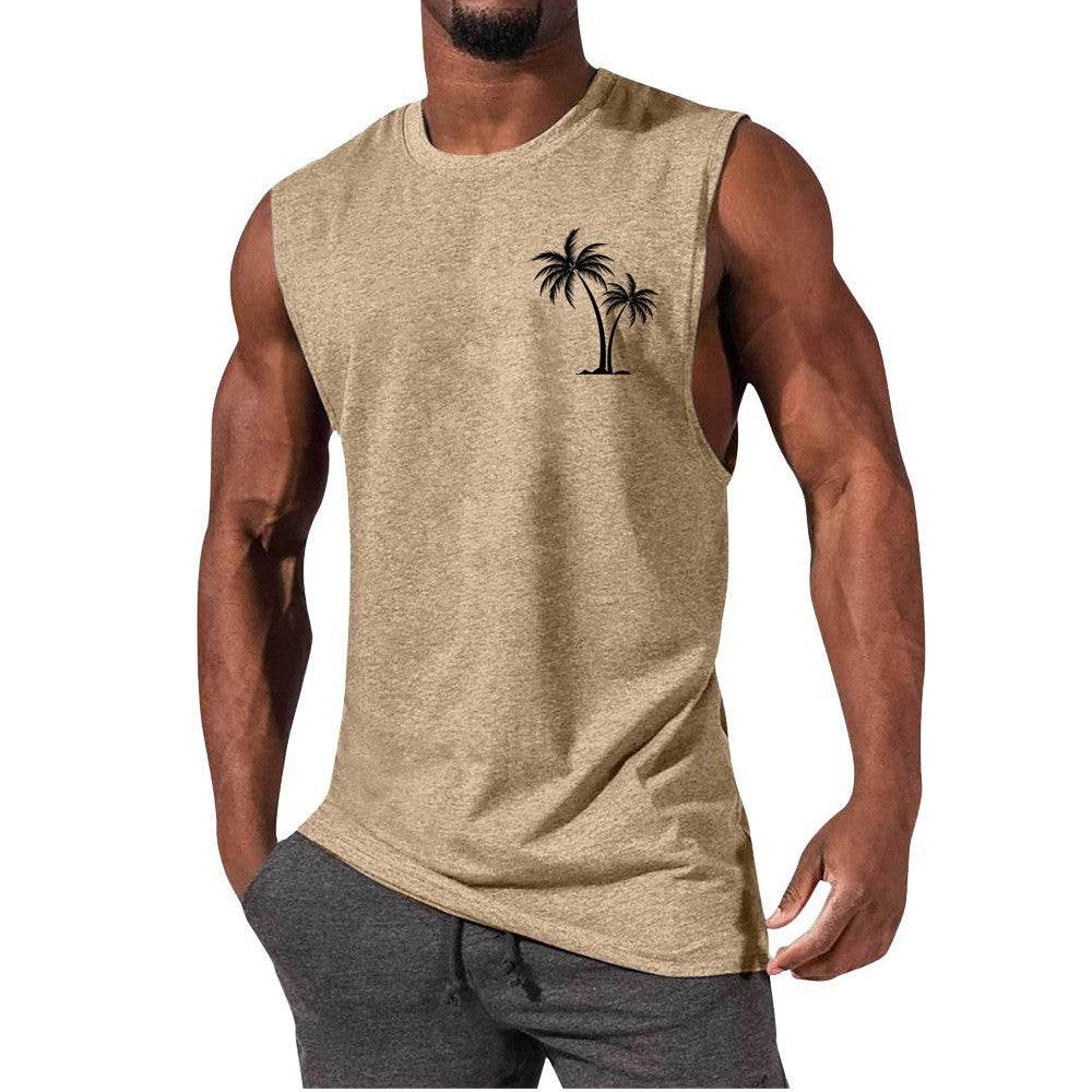 Coconut Tree Embroidery Vest Summer Beach Tank Tops Workout Muscle Men Sports Fitness T-shirt - Velora