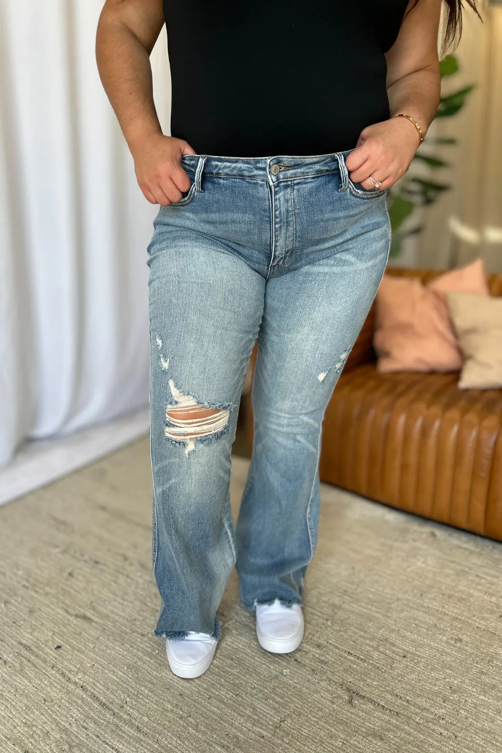 Judy Blue Full Size Medium Rise Tummy Control Destroy Flare - Velora