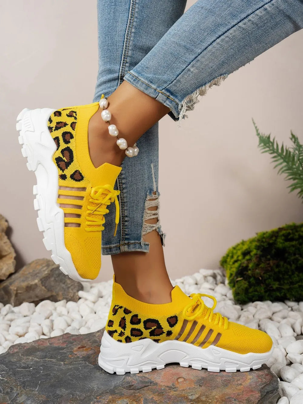 Cutout Leopard Lace Up Mesh Athletic - Velora
