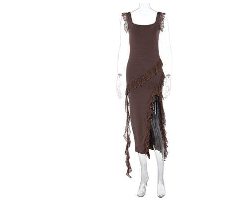 Ruffle Thigh High Split Dress Women Sexy Spaghetti Strap Square Neck Backless Suspender Dresses For Evening Praty Clothing - Velora