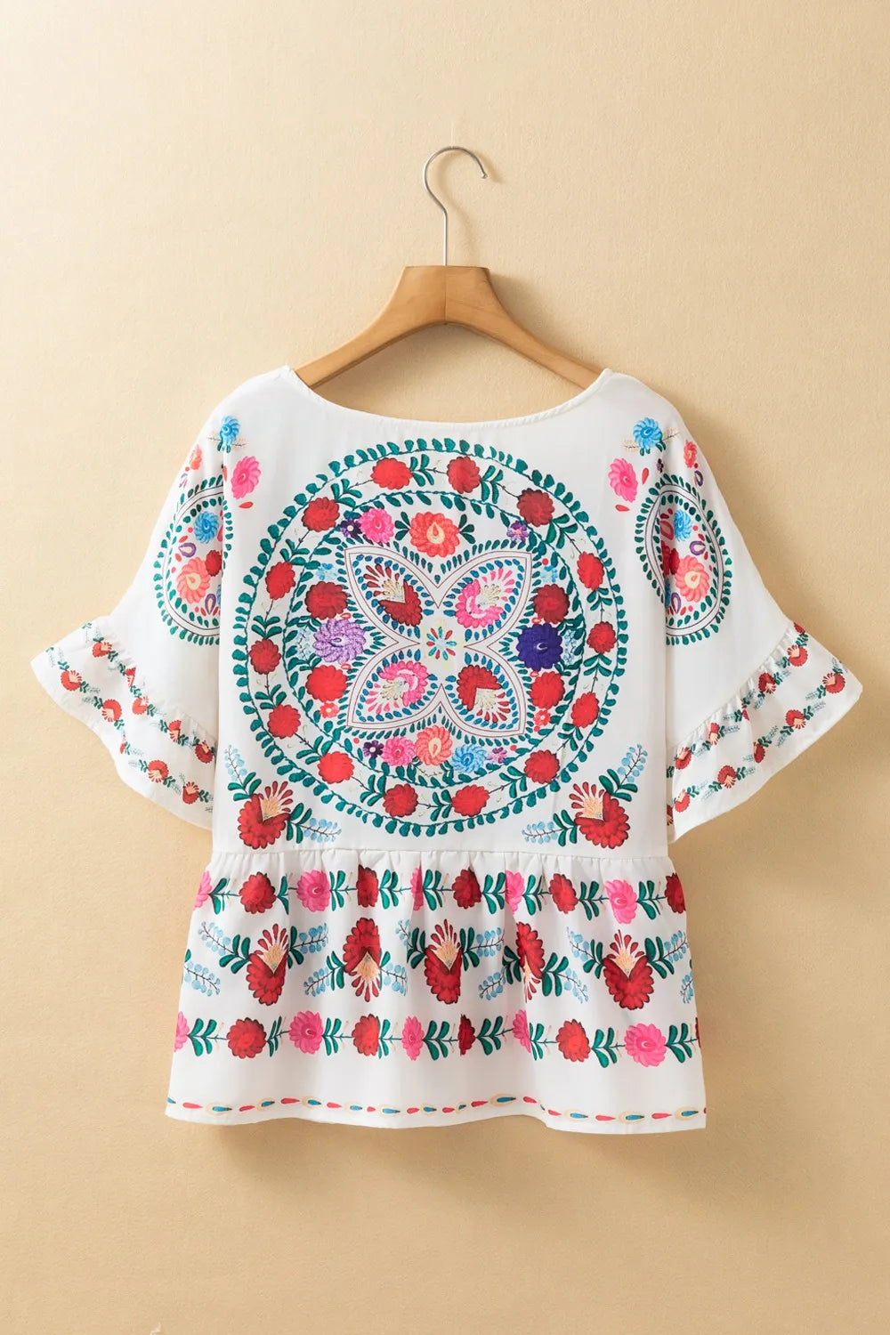 Floral Print Round Neck Ruffle Trim Blouse - Velora