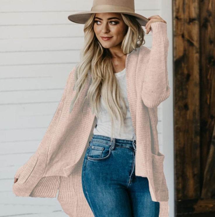 Long Sleeve Multi-color Plus Size Double Bag Cardigan Sweater - Velora