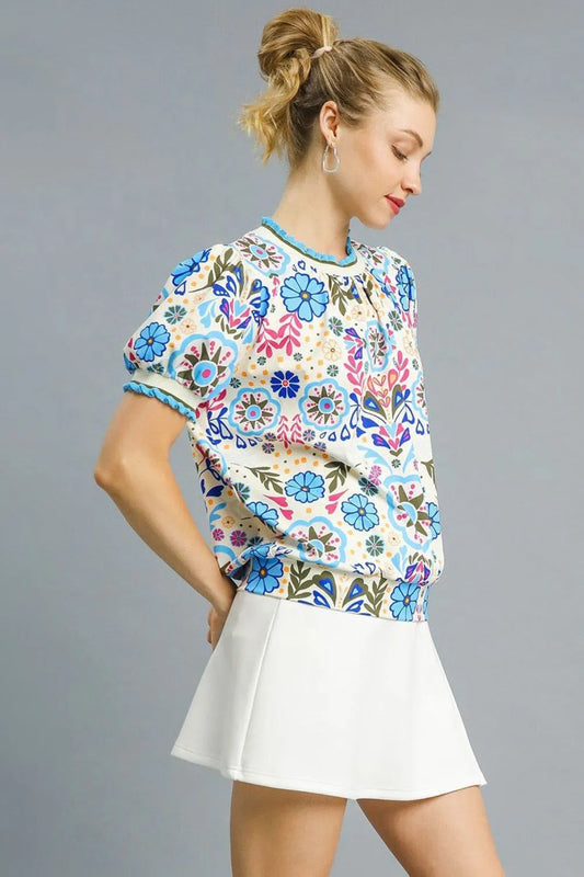 Umgee Retro Floral Puff Sleeve Top - Velora