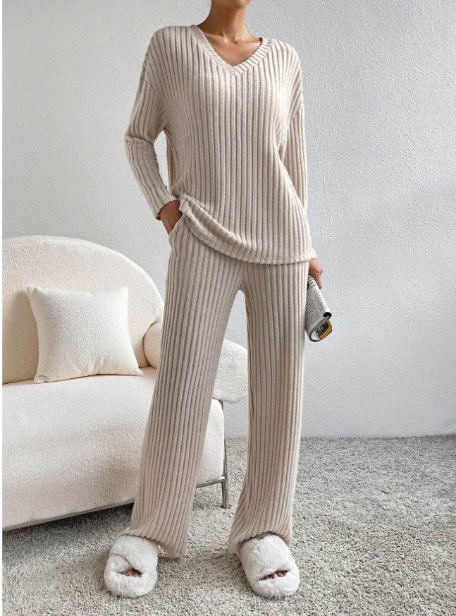 Fashion Solid Striped Suit V-neck Long-sleeved Top And Casual Straight Pants Loose Temperament Women's Clothing - Velora