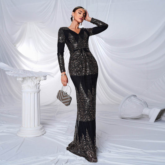 Long Sleeve V-neck Sexy Slim-fit Long Sequined Banquet Evening Dress - Velora