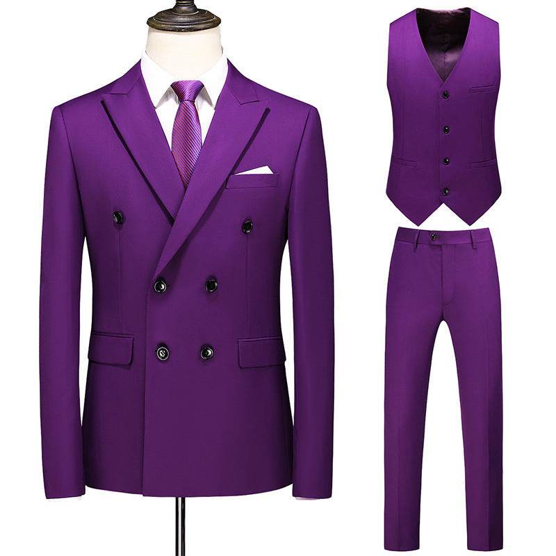 Men's Oversized Double Breasted Solid Color Suit Three Piece Set - Velora