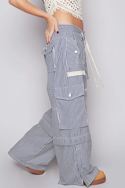 POL Striped Wide Leg Pants with Cargo Pockets - Velora