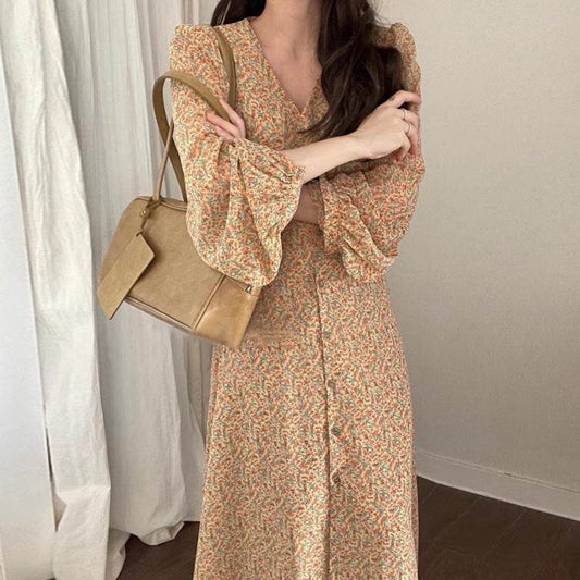 Elegant V-neck Elegant Floral Chiffon Dress - Velora