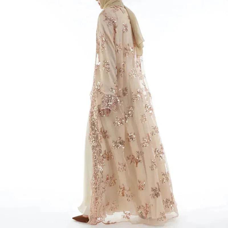 White Chiffon Sequin Embroidery Dubai Abaya Kimono Middle East ArabClothing - Velora