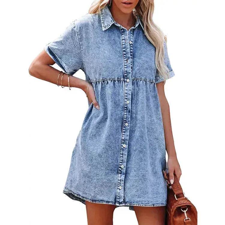 European And American Washed Denim Lapel Ruffled Denim Dress Jeans Flared dress Casual Denim mini dress - Velora