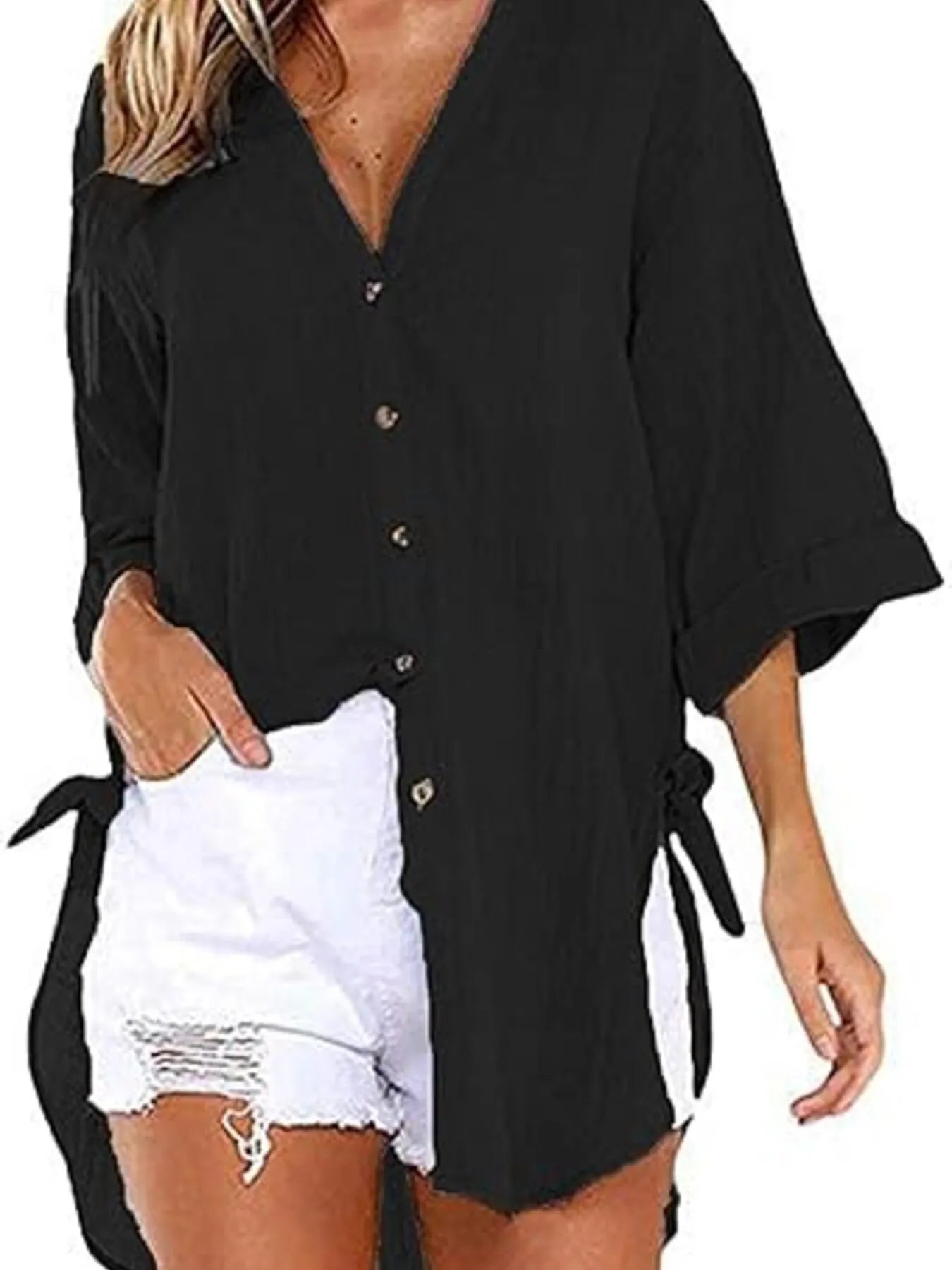 Linen Blend Button-Down Tunic Shirt - Velora
