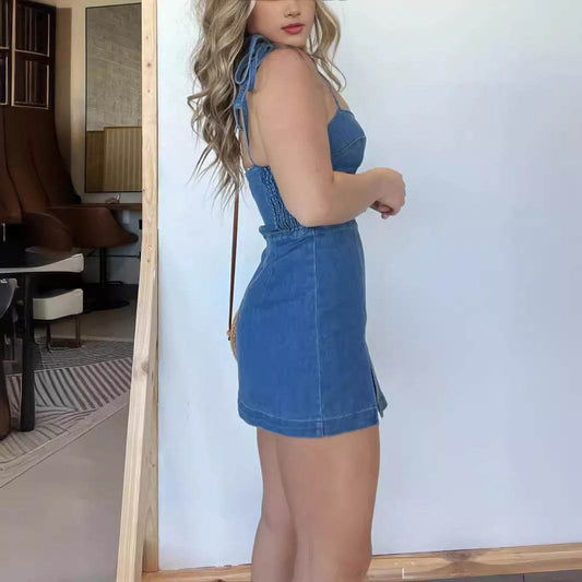 Fashion Slim Fit Slit Sling Denim Mini sleeveless Dress Women