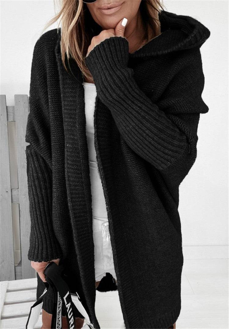 Fashion Bat Sleeve Hooded Cardigan Oversized Loose Temperament Solid Color Sweater Womens Clothing - Velora
