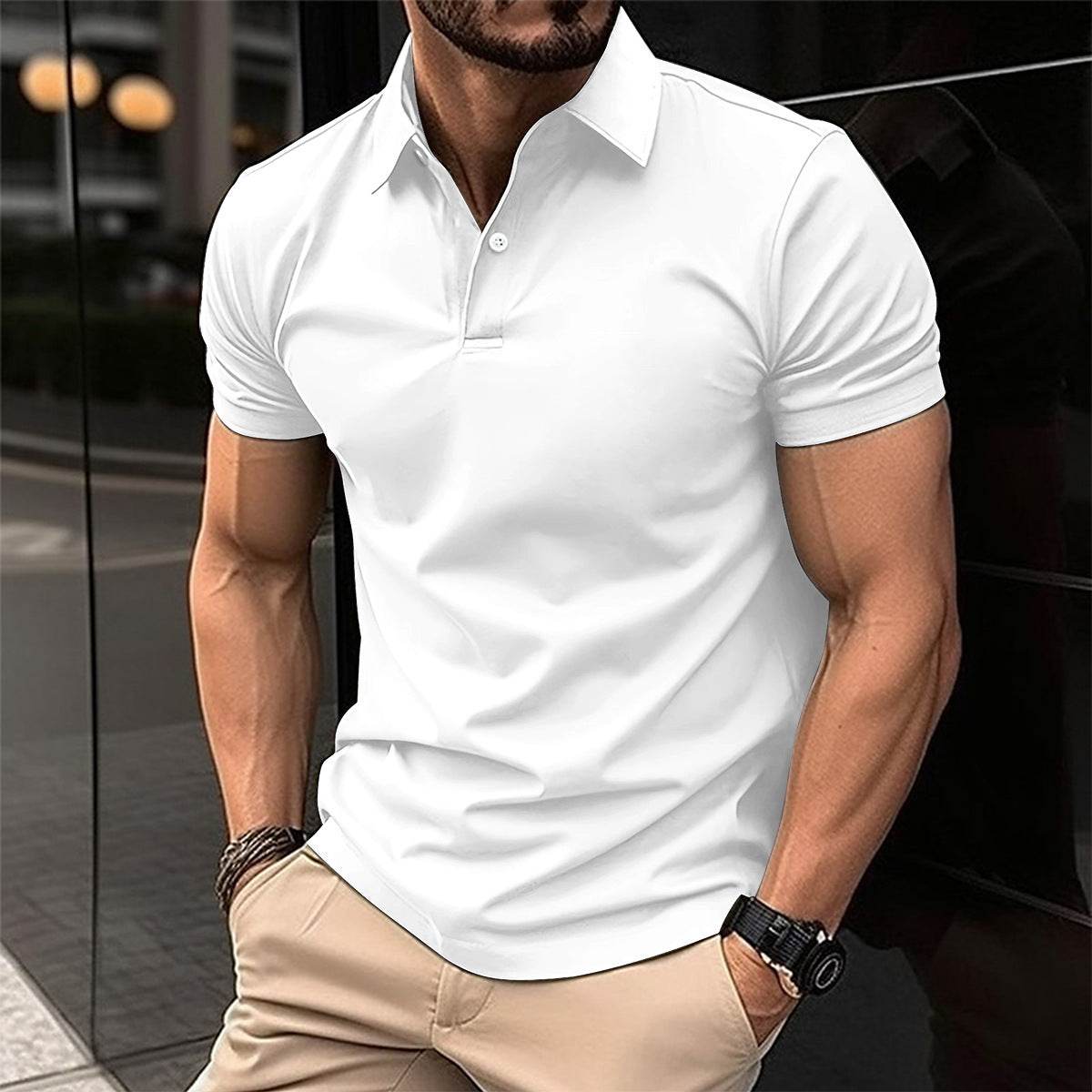 Summer Short Sleeve Polo Shirt Men Solid Color Button Lapel Button Top - Velora
