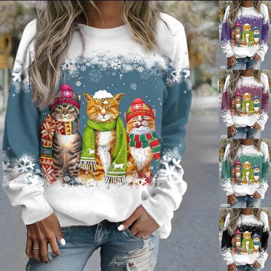 Cross-border Women's Christmas New Snowman And Cat Printed Long Sleeve Casual Loose-fitting T-shirt Christmas Supplies - Velora