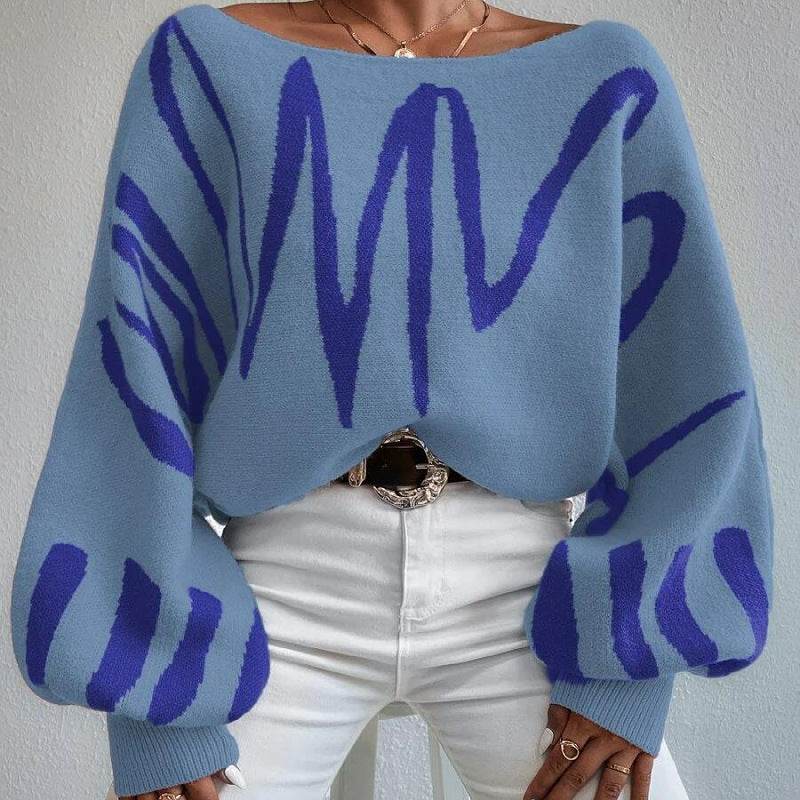 New Lantern-sleeved Pullover Sweater Fashion Line Printed Loose Tops Women's Clothing - Velora