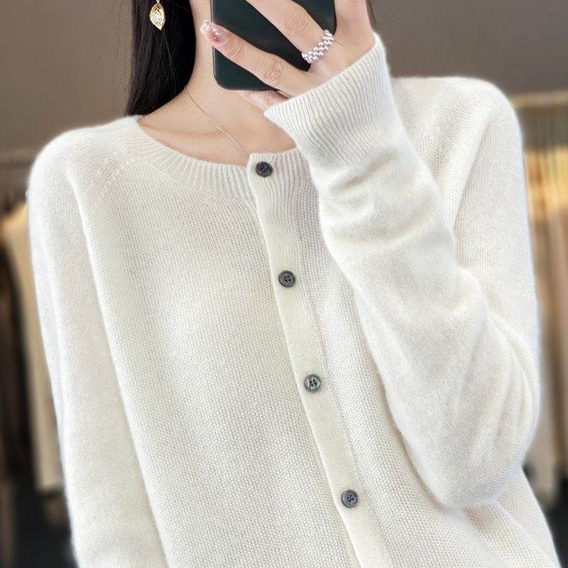 Fashion Merino Wool Cardigan Sweater Women O-Neck Long-sleeve Cashmere Knitwear Spring Autumn Female Clothing Tops - Velora