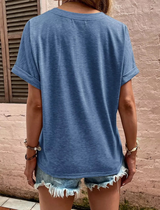 Full Size Casual Notched Short Sleeve Blouse Plus Size - Velora