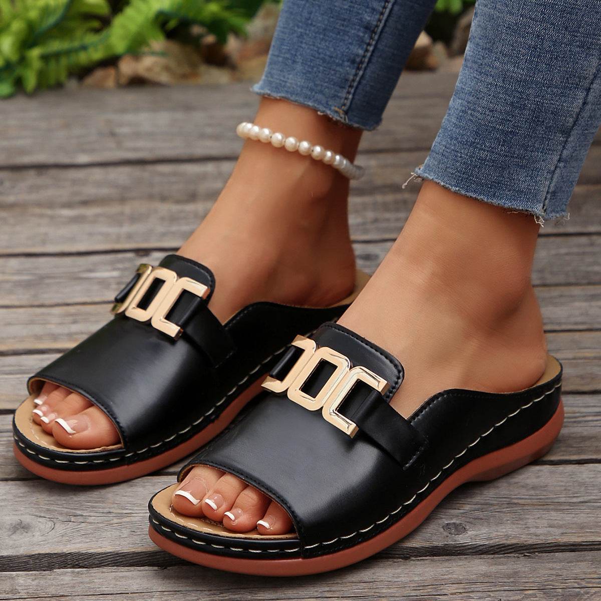 Ins Chain Wedges Sandals Summer Fashion Platform Peep-toed Slides Slippers Outdoor Thick Bottom Roman Shoes For Women - Velora