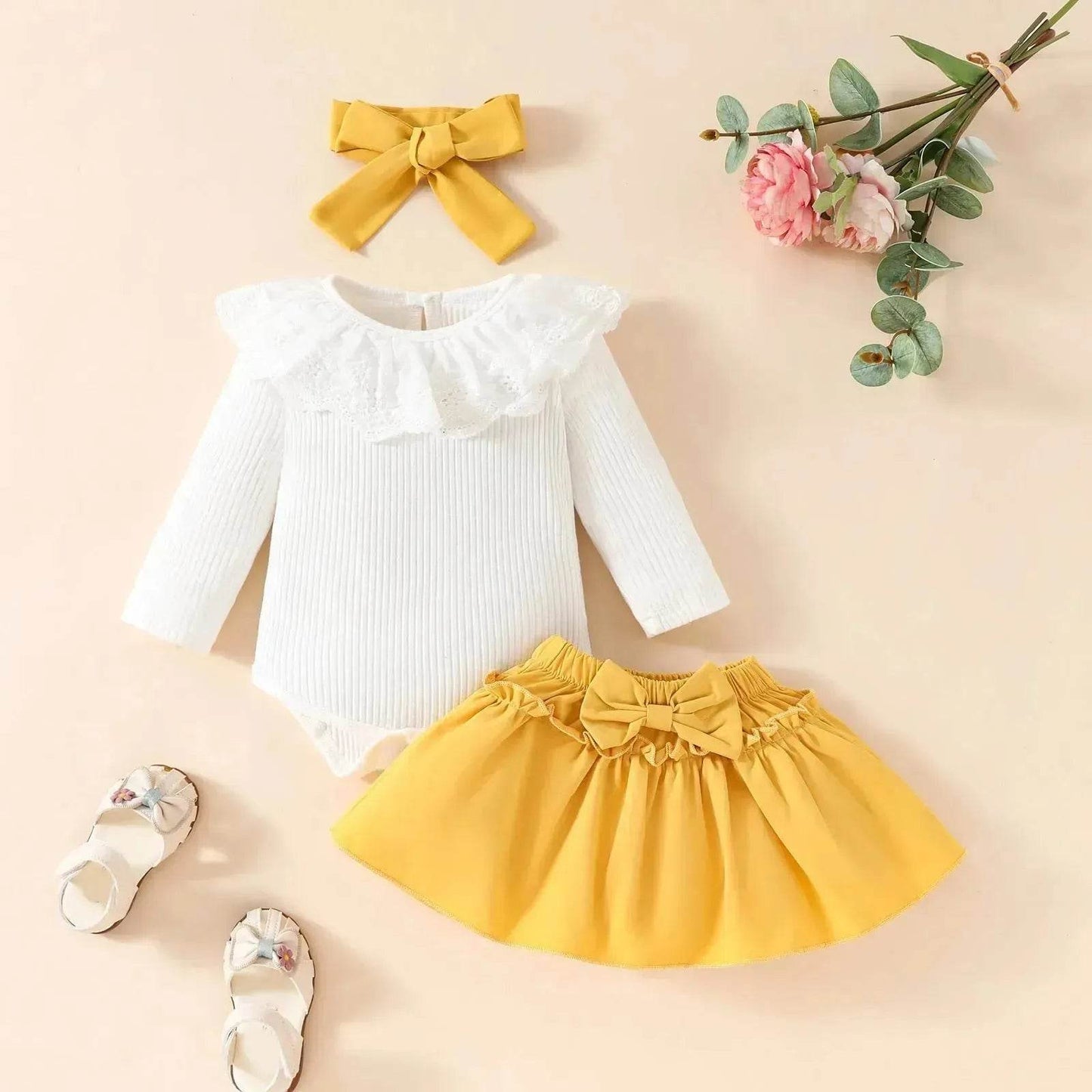 Two piece Baby Girl Lace Ruffles Long-sleeve romper Bow Skirt Hair Bowtie Band baby girl outwear - Velora