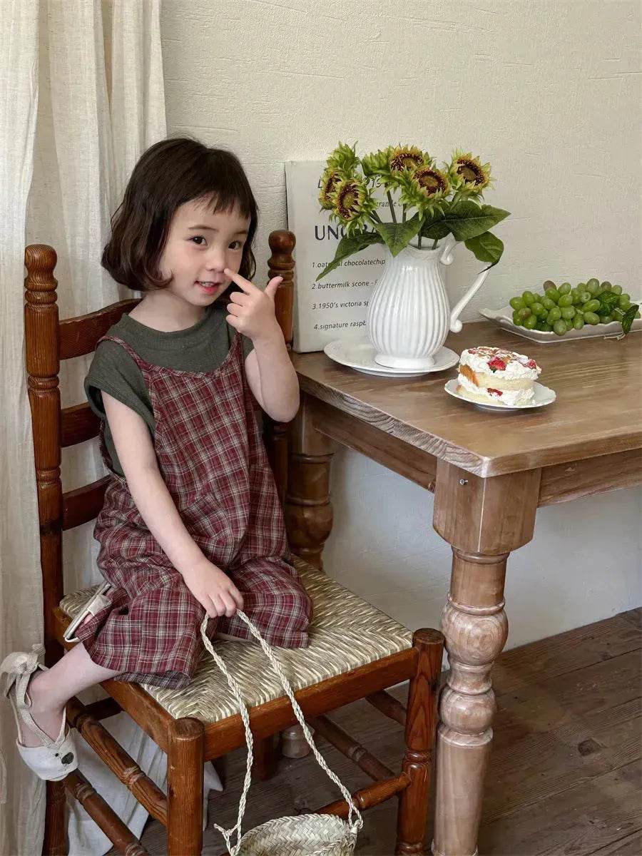 Summer Children's Plaid Overalls boy And girl Baby Unisex Mori Style Retro Jumpsuit Straight-leg Pants - Velora