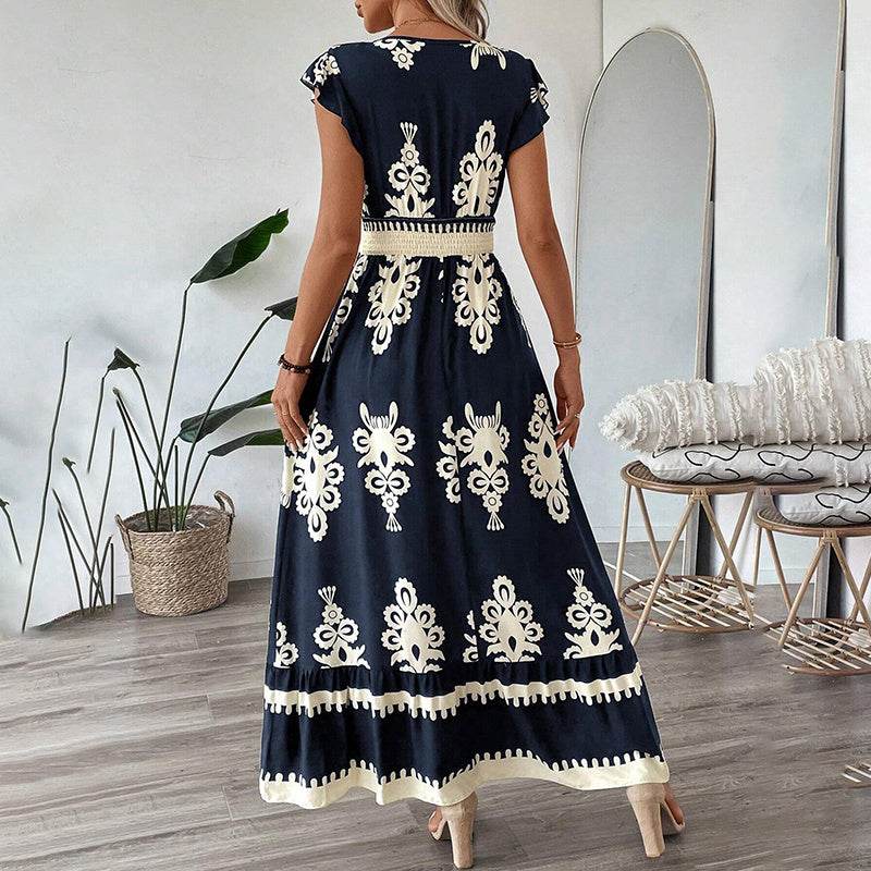 Women's Summer Flowy Maxi Dress Casual Cap Sleeve V Neck Smocked Waist Beach Sundress - Velora