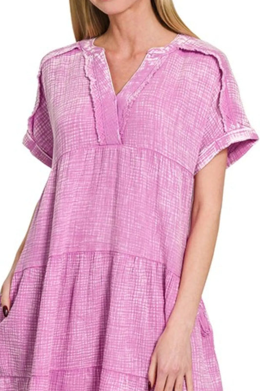 Zenana Washed Double Gauze Raw Edge V-neck Dress - Velora